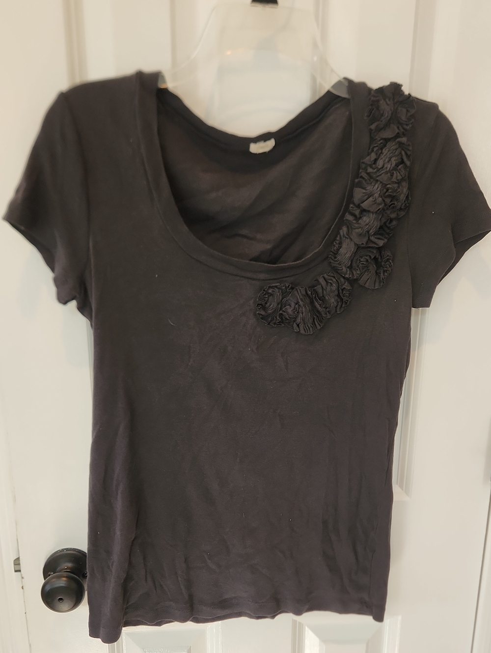 J. Crew Black Scoop Neck Tee with Rosette Accent